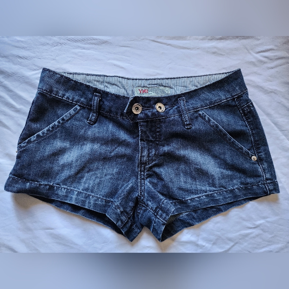 YMI Women's Dark Wash Denim Shorts - Blue and Low Rise (sz 5)